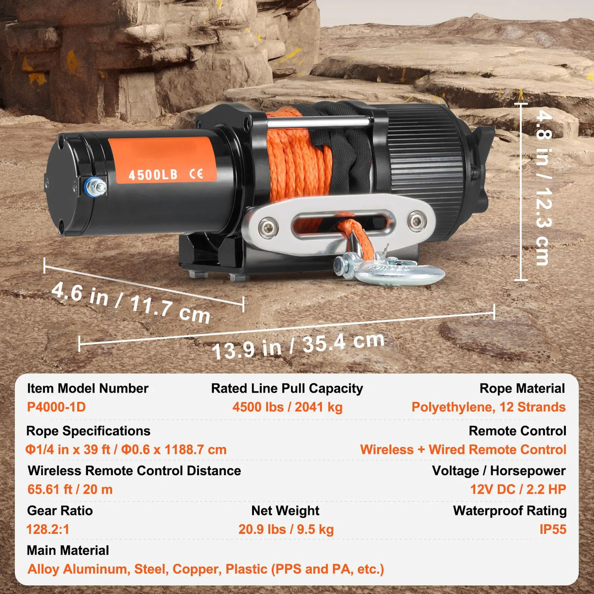 Electric Winch ATV UTV 2041 kg Synthetic Rope Waterproof Remote Control - Image 7