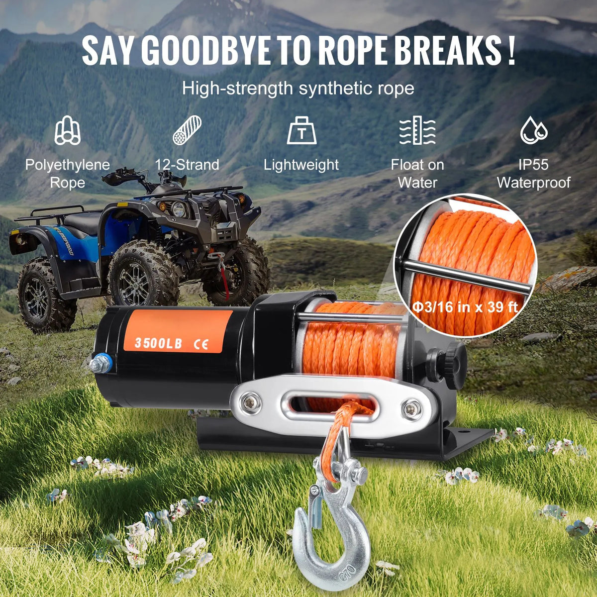 Electric Winch, 1588 kg Line Pull Capacity, 12V DC ATV Winch with Φ0.5 x 1188.7 cm 12 Strands Synthetic Rope Aluminum Fairlead Wired Remote Control, IP55 Waterproof for Towing ATV Boat - Image 4