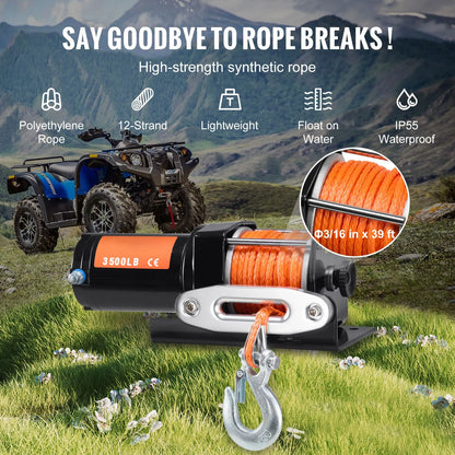 Electric Winch, 1588 kg Line Pull Capacity, 12V DC ATV Winch with Φ0.5 x 1188.7 cm 12 Strands Synthetic Rope Aluminum Fairlead Wired Remote Control, IP55 Waterproof for Towing ATV Boat - Image 4