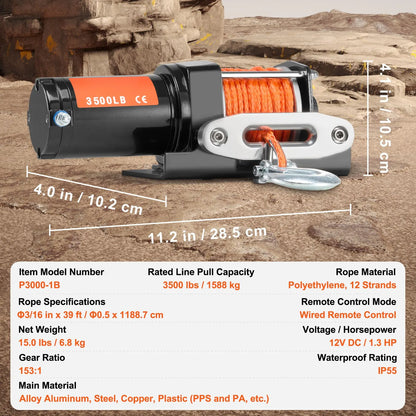 Electric Winch, 1588 kg Line Pull Capacity, 12V DC ATV Winch with Φ0.5 x 1188.7 cm 12 Strands Synthetic Rope Aluminum Fairlead Wired Remote Control, IP55 Waterproof for Towing ATV Boat - Image 7