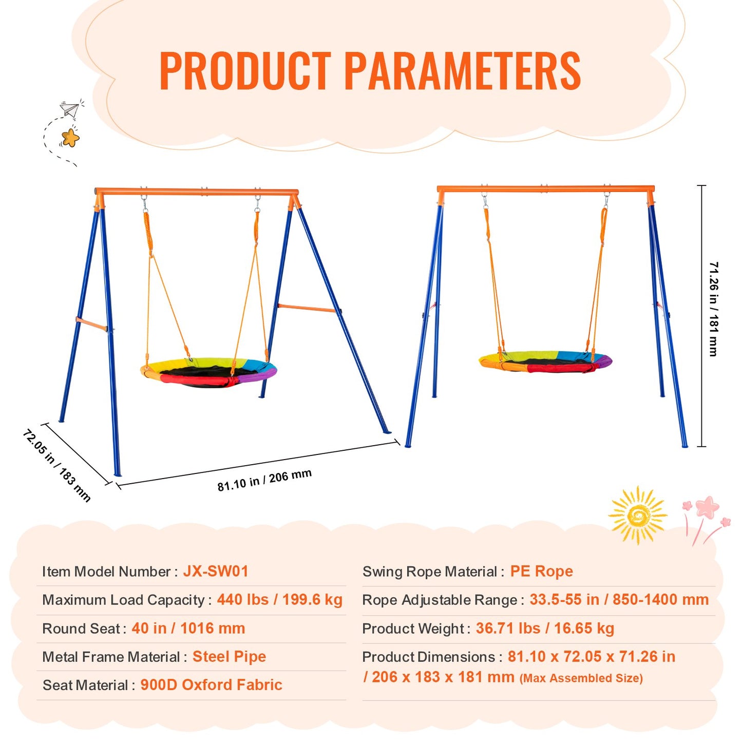 Swing Sets for Backyard 40in Saucer Swing Seat A-Frame Metal Stand 440lbs - Image 7