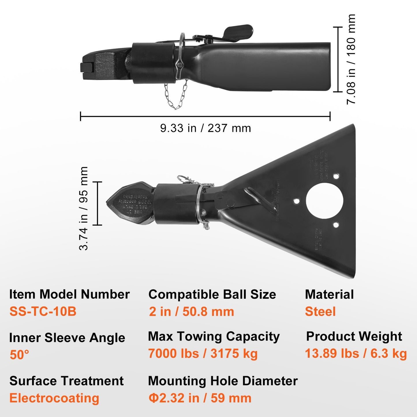 A-Frame Trailer Coupler, Fits 2-Inch Hitch Ball Size, 7000 lbs Towing Capacity, Heavy Duty Steel Coupler, Ideal for Towing Station Wagons, Pickup Trucks, SUVs, Campers, Black Coating Surface - Image 7