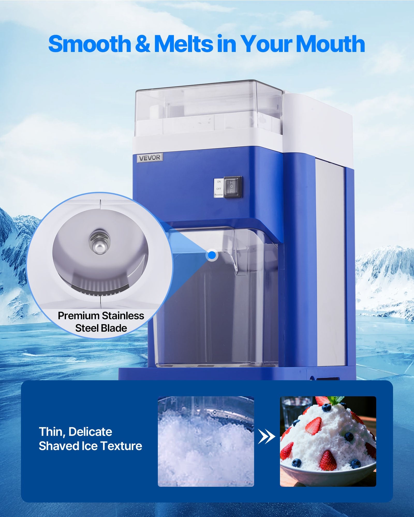 Commercial Ice Shaver Machine, 1.91QT /1.8L Large Electric Snow Cone Machine, Fine & Fluffy with 300W Motor, Stainless Steel Blades, Shaved Ice Maker for Dessert Shop Home Party Restaurant, Blue - Image 3