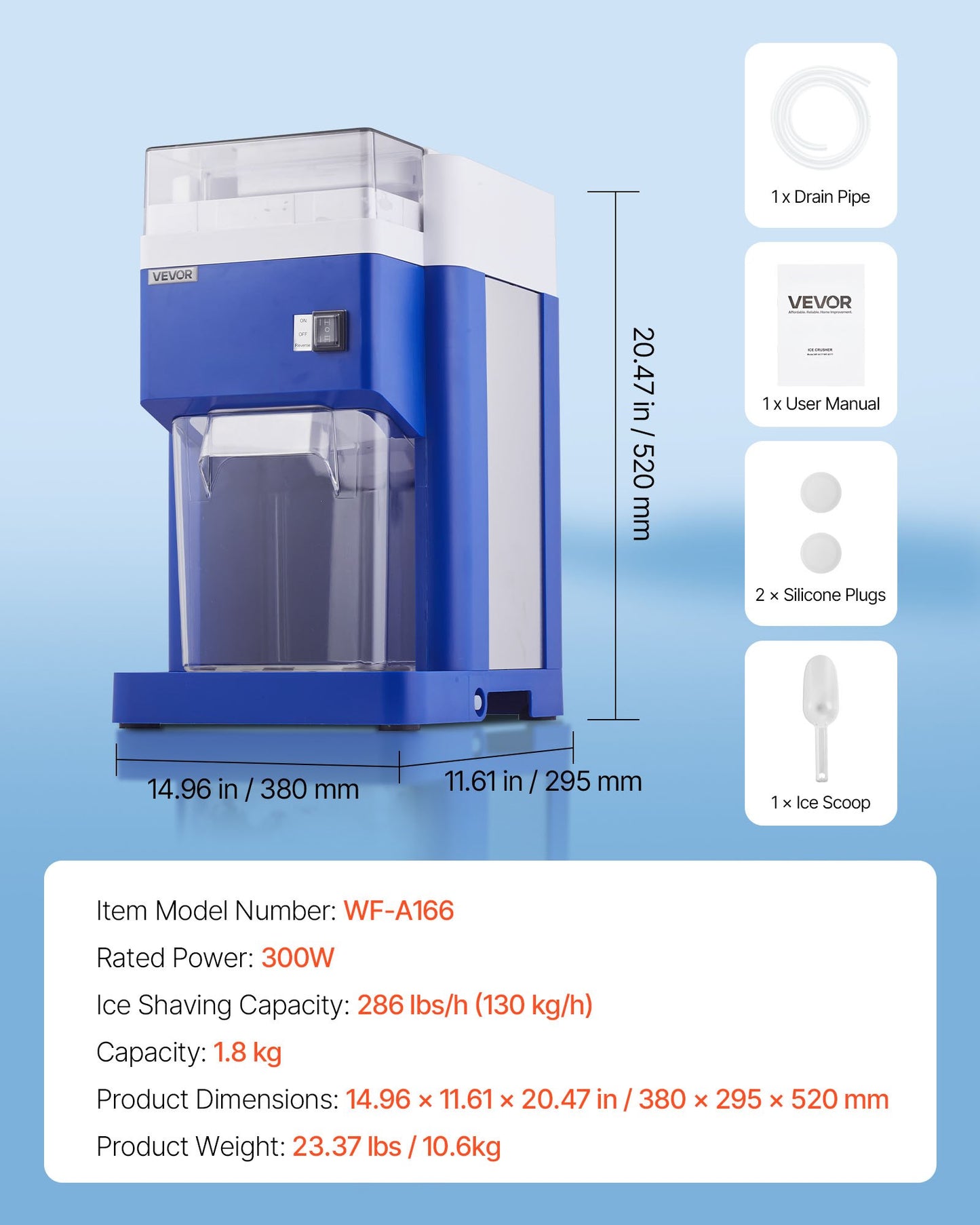 Commercial Ice Shaver Machine, 1.91QT /1.8L Large Electric Snow Cone Machine, Fine & Fluffy with 300W Motor, Stainless Steel Blades, Shaved Ice Maker for Dessert Shop Home Party Restaurant, Blue - Image 7