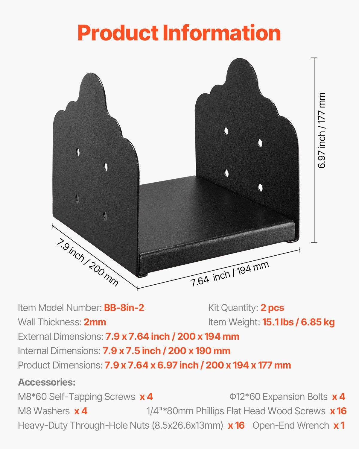 8x8 Post Base 2 Pcs, Inner Size 7.9x7.5 inch / 200x190 mm Post Brackets, Heavy Duty Carbon Steel Decking Posts, Wood Posts Brackets for Pavilion Deck Railing Support Deck Base Plate, Black - Image 7