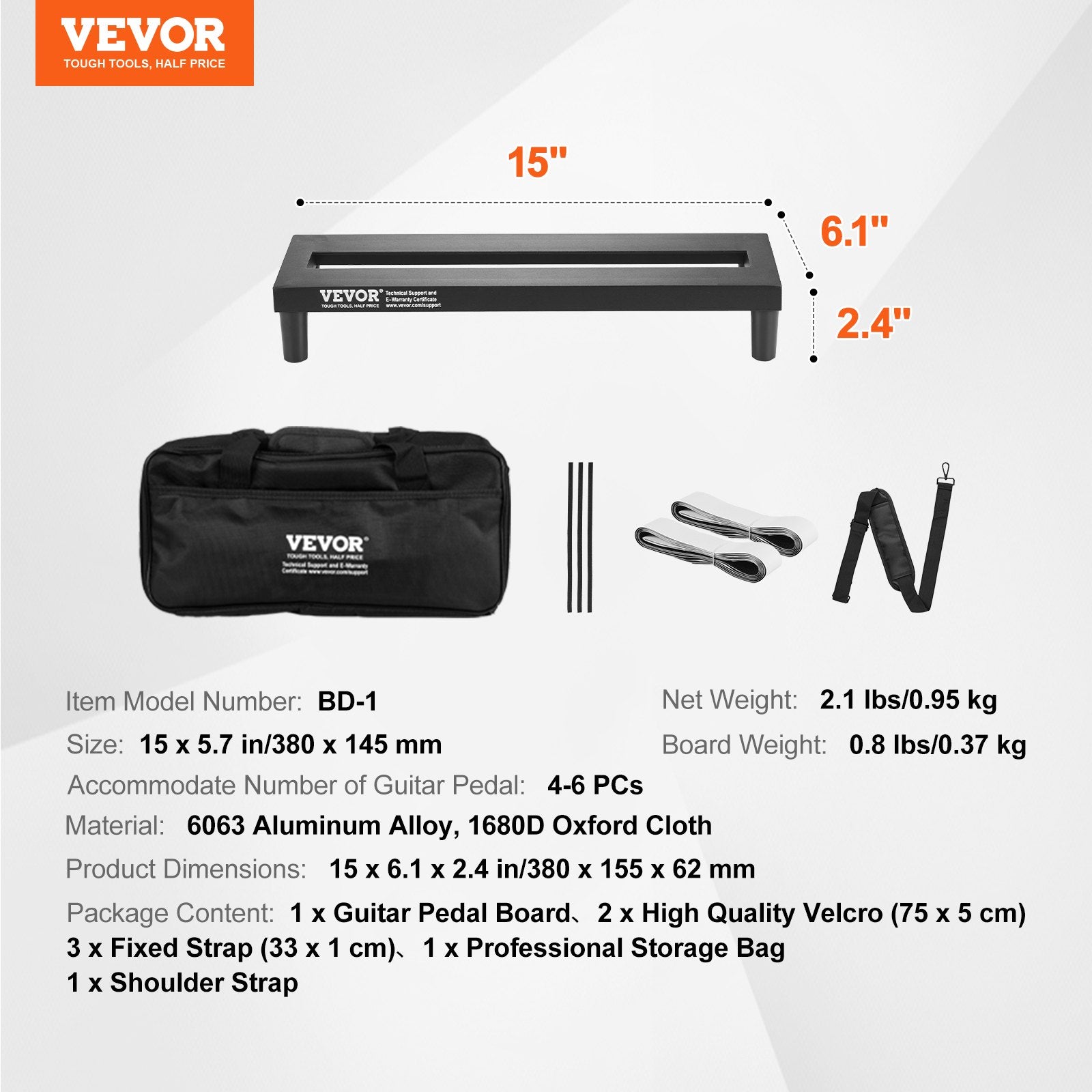Guitar Pedal Board, 15'' x 5.7'', Aluminum Alloy 0.8 lbs Super Light Guitar Effects PedalBoard with Carry Bag High Quality Velcro Fixed Strap Shoulder Strap, Accommodate 4-6 Guitar Pedals, Small - Image 7