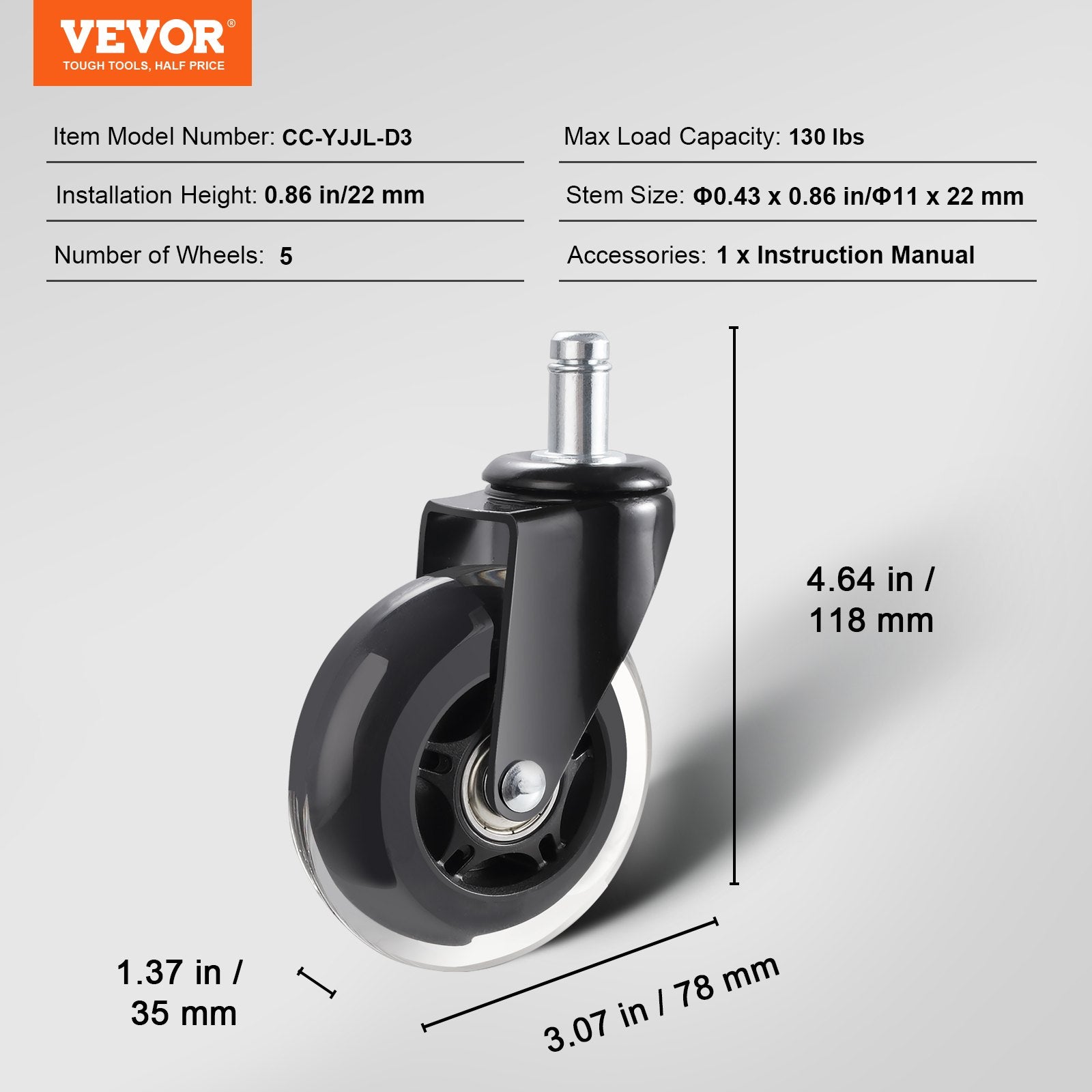 Office Chair Wheels, Set of 5, 76.2 mm Caster Wheels Replacement for Hardwood Floors and Carpet, Heavy Duty Computer Gaming Desk Casters with 59 kg Load Capacity, Universal Fit for Most Chairs - Image 7