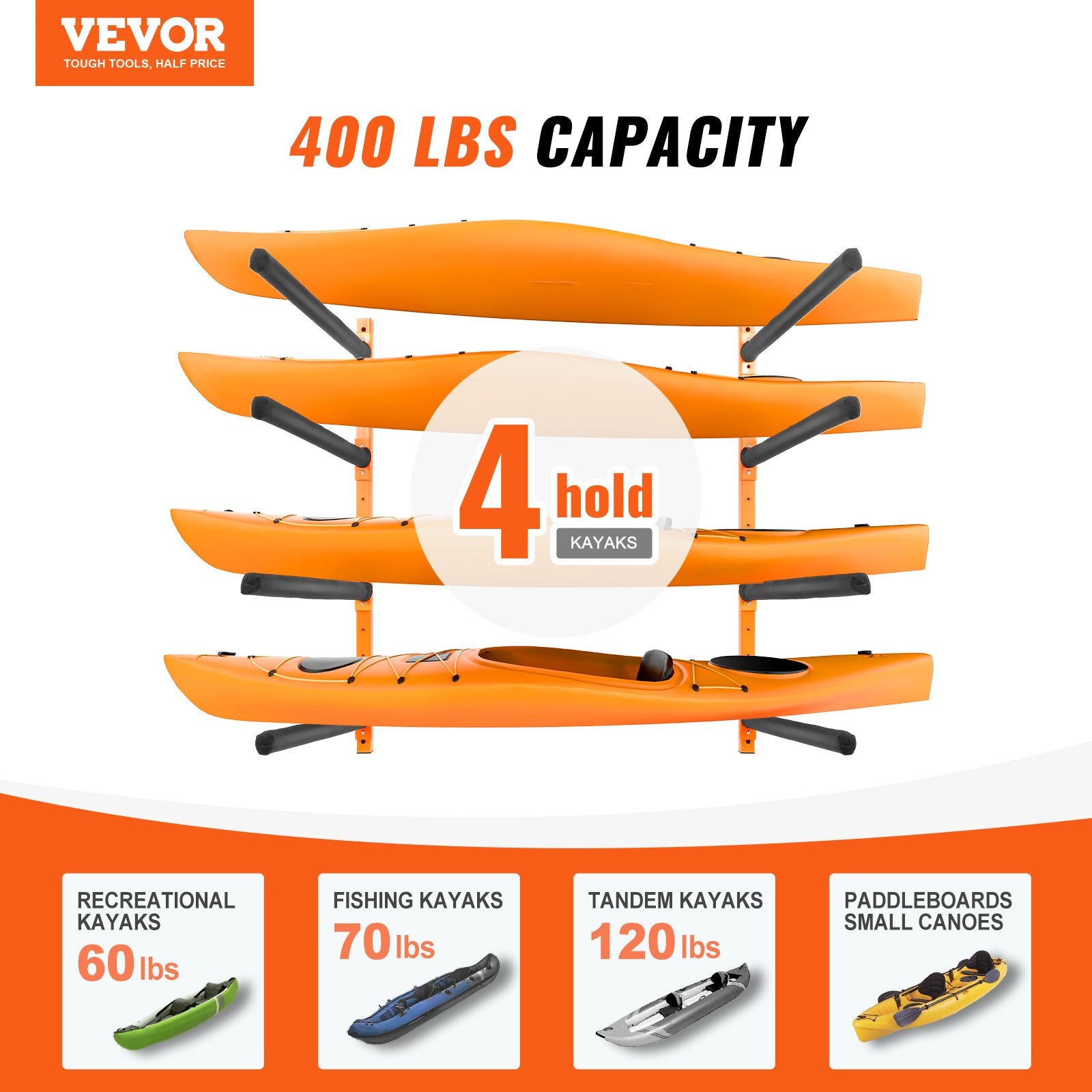Wall Kayak Storage Rack, 4-Capacity Wall Mounted Kayak Holders for Kayak Canoe Paddle Board, Kayak Storage Hooks with Adjustable Padded Arms, 181.6 KG Load Kayak Hanger for Indoor Outdoor Garage - Image 2