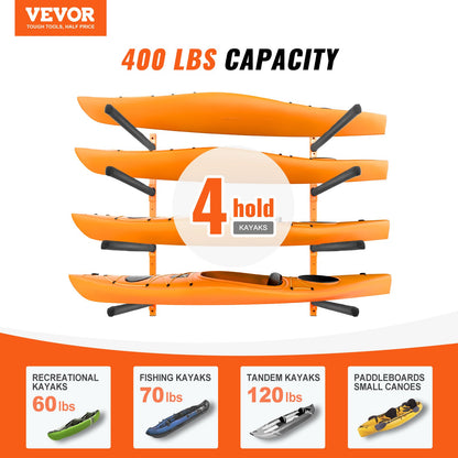 Wall Kayak Storage Rack, 4-Capacity Wall Mounted Kayak Holders for Kayak Canoe Paddle Board, Kayak Storage Hooks with Adjustable Padded Arms, 181.6 KG Load Kayak Hanger for Indoor Outdoor Garage - Image 2
