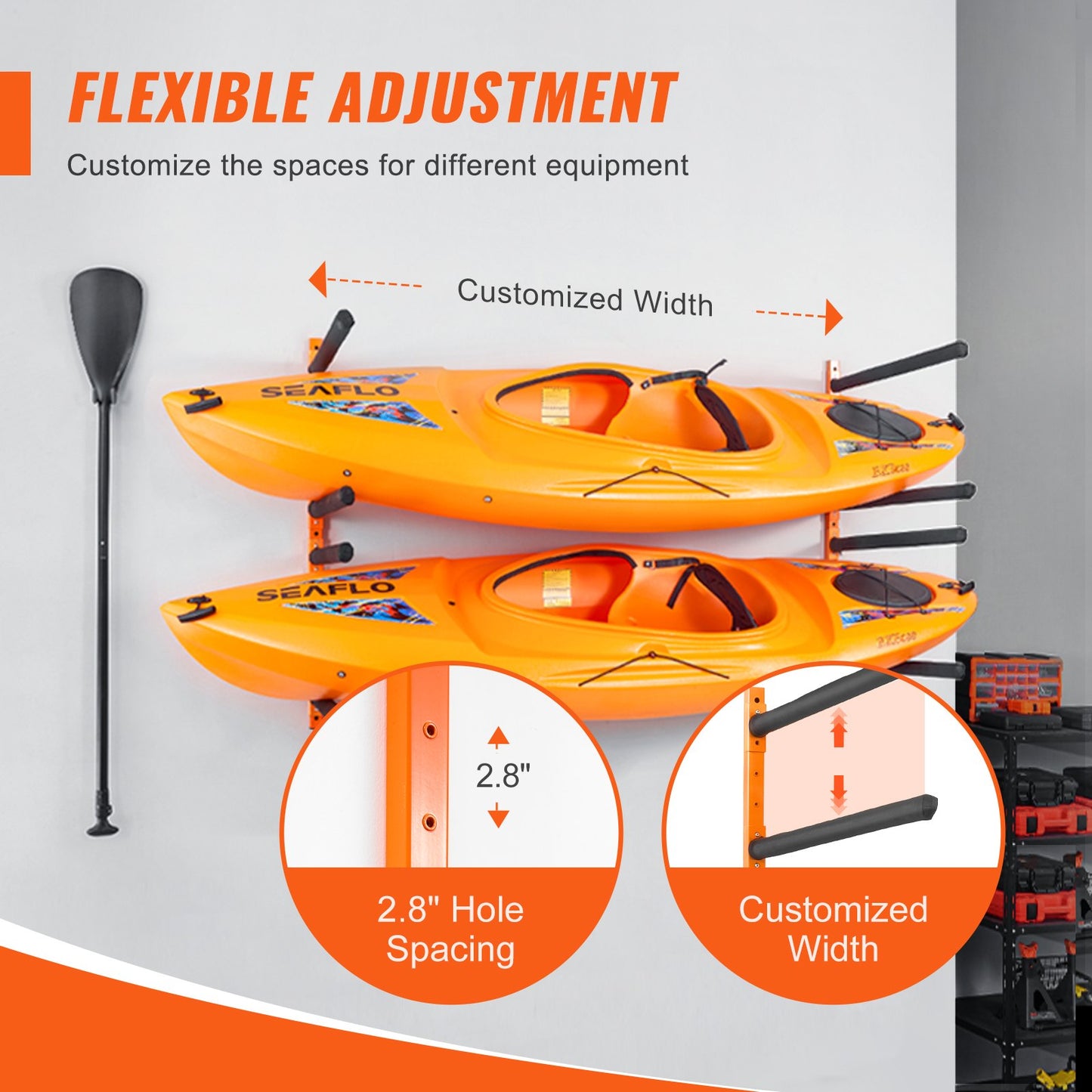 Wall Kayak Storage Rack, 4-Capacity Wall Mounted Kayak Holders for Kayak Canoe Paddle Board, Kayak Storage Hooks with Adjustable Padded Arms, 181.6 KG Load Kayak Hanger for Indoor Outdoor Garage - Image 3