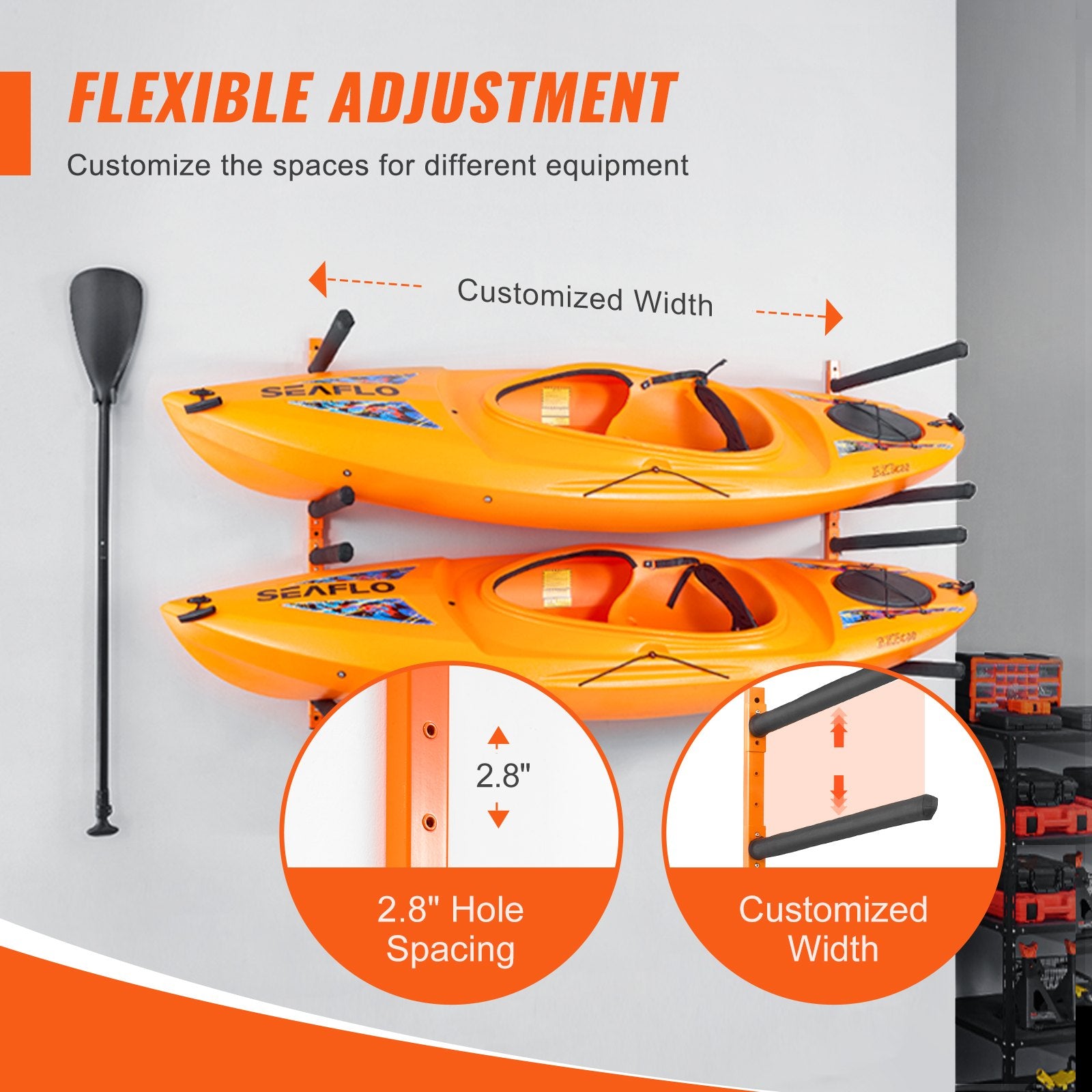 Wall Kayak Storage Rack, 4-Capacity Wall Mounted Kayak Holders for Kayak Canoe Paddle Board, Kayak Storage Hooks with Adjustable Padded Arms, 181.6 KG Load Kayak Hanger for Indoor Outdoor Garage - Image 3
