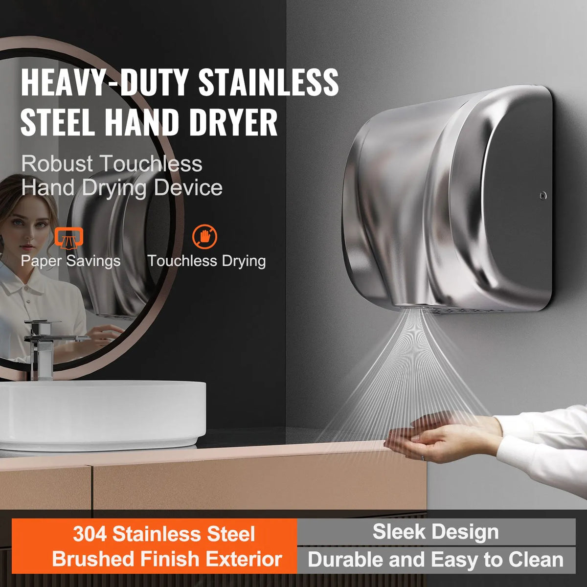 Heavy Duty Commercial Hand Dryer, 1800W Automatic High Speed Stainless Steel Warm Wind Hand Blower, 220V-240V Plug In/Hardwired Two Power Options, Compliant for Industry Business Restrooms - Image 2