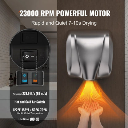 Heavy Duty Commercial Hand Dryer, 1800W Automatic High Speed Stainless Steel Warm Wind Hand Blower, 220V-240V Plug In/Hardwired Two Power Options, Compliant for Industry Business Restrooms - Image 3