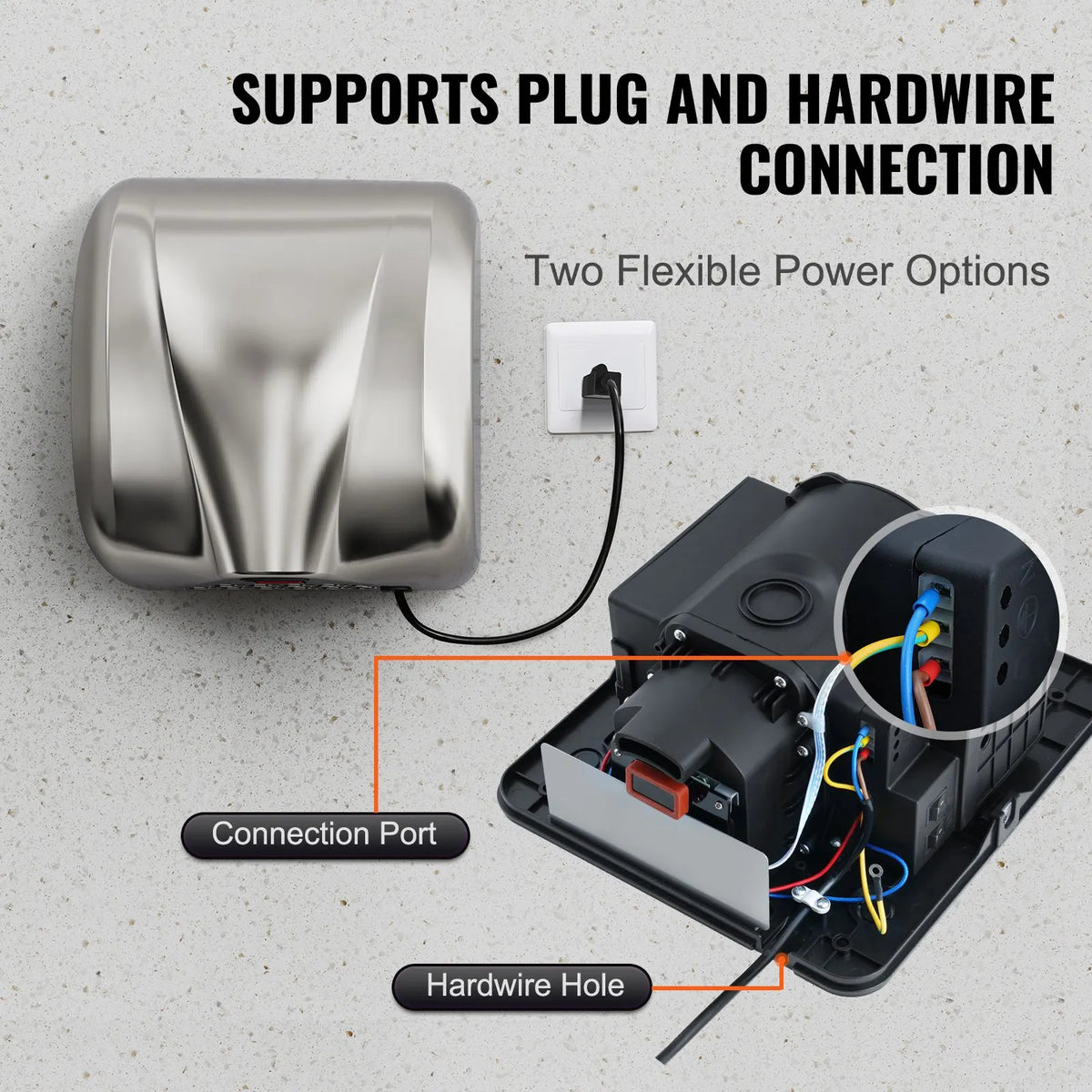 Heavy Duty Commercial Hand Dryer, 1800W Automatic High Speed Stainless Steel Warm Wind Hand Blower, 220V-240V Plug In/Hardwired Two Power Options, Compliant for Industry Business Restrooms - Image 6