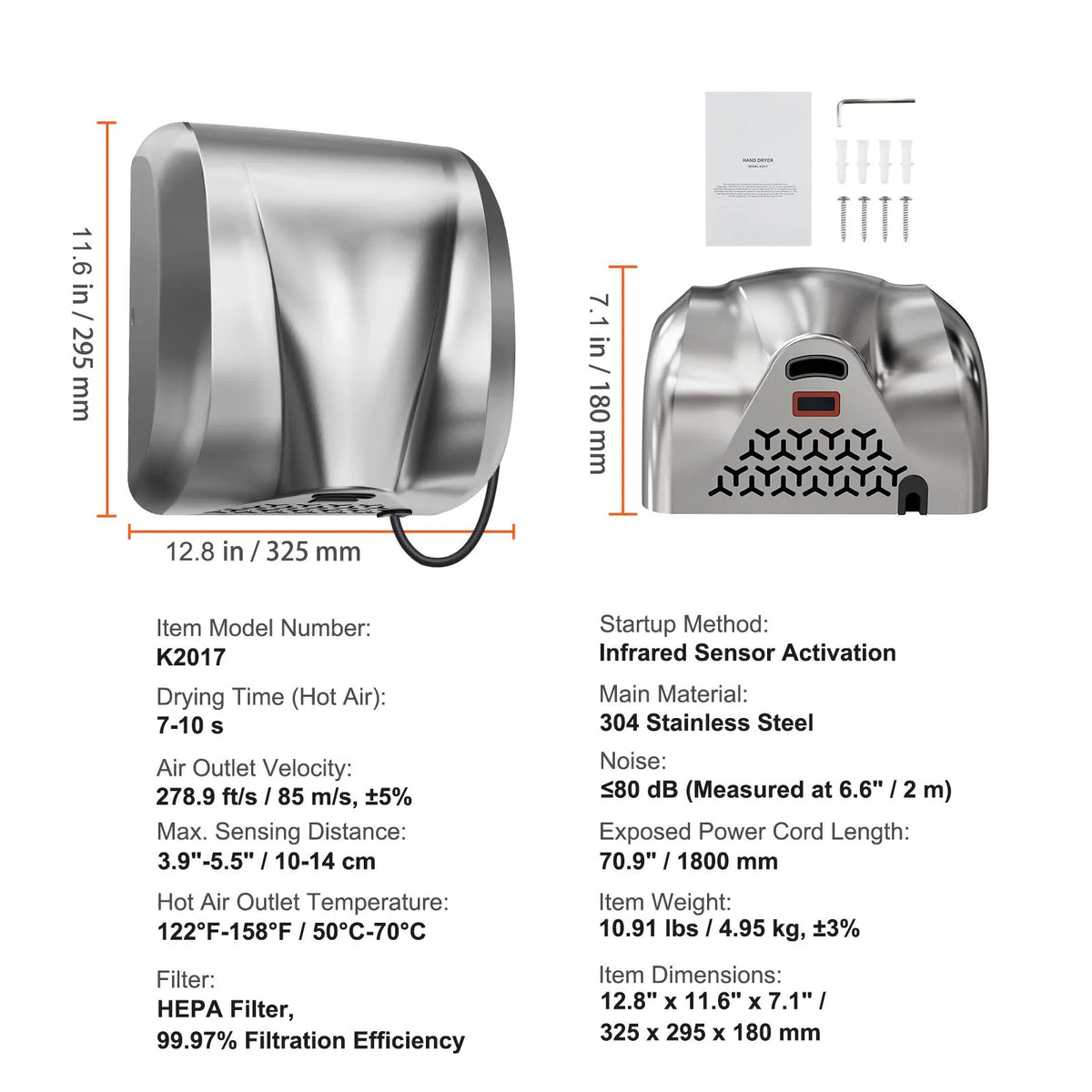 Heavy Duty Commercial Hand Dryer, 1800W Automatic High Speed Stainless Steel Warm Wind Hand Blower, 220V-240V Plug In/Hardwired Two Power Options, Compliant for Industry Business Restrooms - Image 7