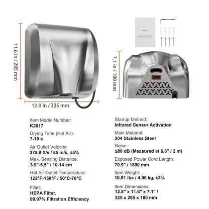 Heavy Duty Commercial Hand Dryer, 1800W Automatic High Speed Stainless Steel Warm Wind Hand Blower, 220V-240V Plug In/Hardwired Two Power Options, Compliant for Industry Business Restrooms - Image 7