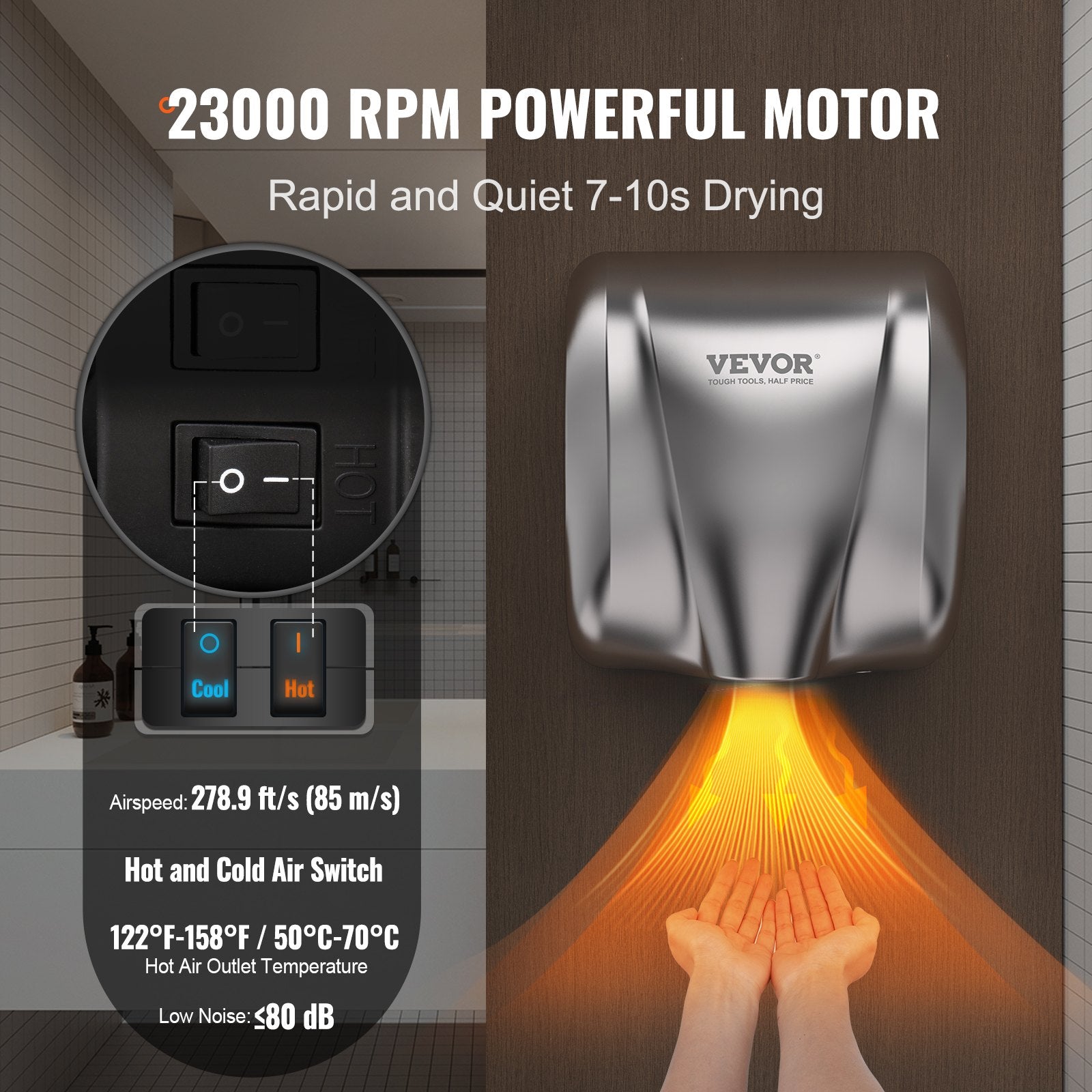 Heavy Duty Commercial Hand Dryer, 1800W Automatic High Speed Stainless Steel Warm Wind Hand Blower, 220V-240V Plug In/Hardwired Two Power Options, Compliant for Industry Business Restrooms - Image 3