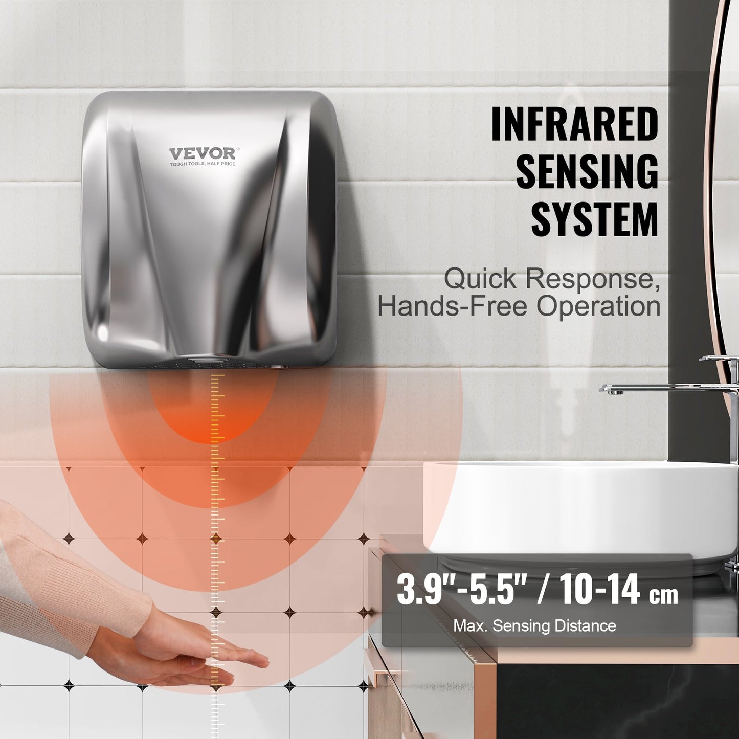 Heavy Duty Commercial Hand Dryer, 1800W Automatic High Speed Stainless Steel Warm Wind Hand Blower, 220V-240V Plug In/Hardwired Two Power Options, Compliant for Industry Business Restrooms - Image 4