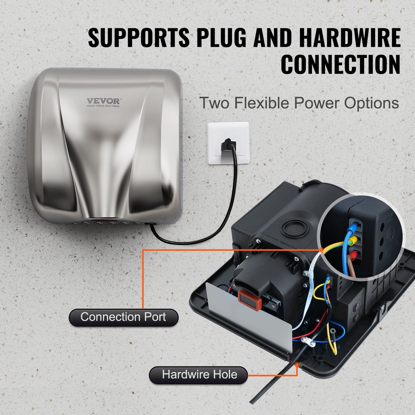 Heavy Duty Commercial Hand Dryer, 1800W Automatic High Speed Stainless Steel Warm Wind Hand Blower, 220V-240V Plug In/Hardwired Two Power Options, Compliant for Industry Business Restrooms - Image 6