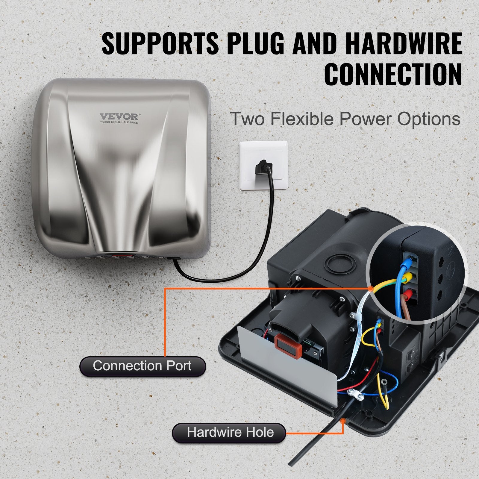 Heavy Duty Commercial Hand Dryer, 1800W Automatic High Speed Stainless Steel Warm Wind Hand Blower, 220V-240V Plug In/Hardwired Two Power Options, Compliant for Industry Business Restrooms - Image 6