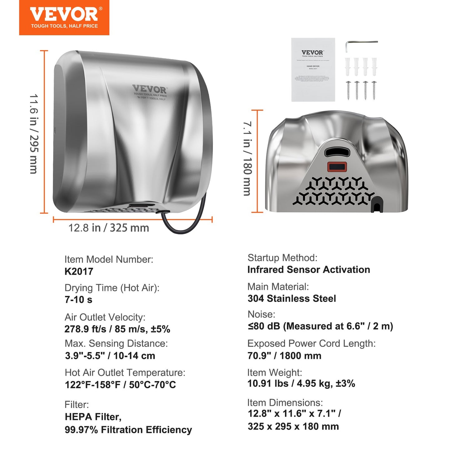 Heavy Duty Commercial Hand Dryer, 1800W Automatic High Speed Stainless Steel Warm Wind Hand Blower, 220V-240V Plug In/Hardwired Two Power Options, Compliant for Industry Business Restrooms - Image 7