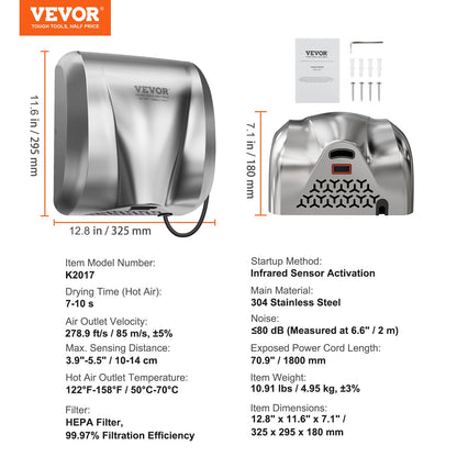 Heavy Duty Commercial Hand Dryer, 1800W Automatic High Speed Stainless Steel Warm Wind Hand Blower, 220V-240V Plug In/Hardwired Two Power Options, Compliant for Industry Business Restrooms - Image 7