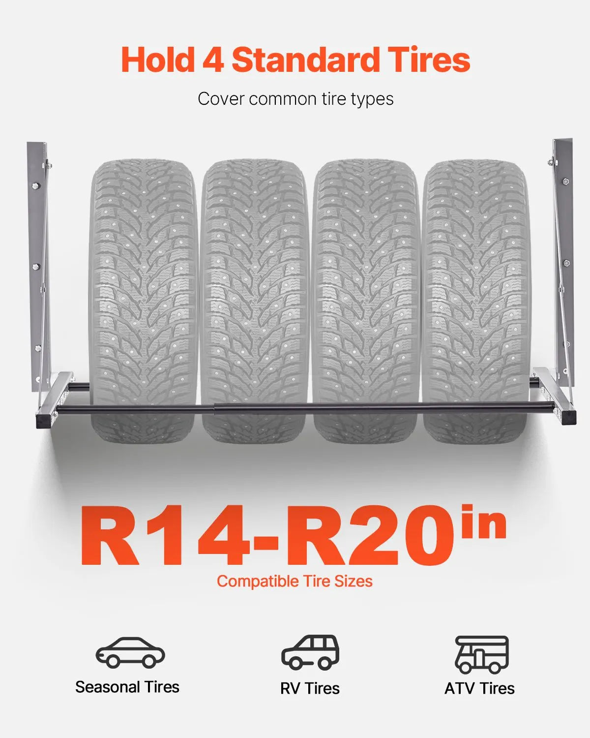Wall Mounted Folding Tire Rack, 32" - 48" Adjustable Tire Rack, Q235 Heavy-Duty Steel Tire Storage Rack for R14-R20 inch Standard Tires, Max 300lbs Load Capacity for Garage Workshop Repair Shop - Image 2