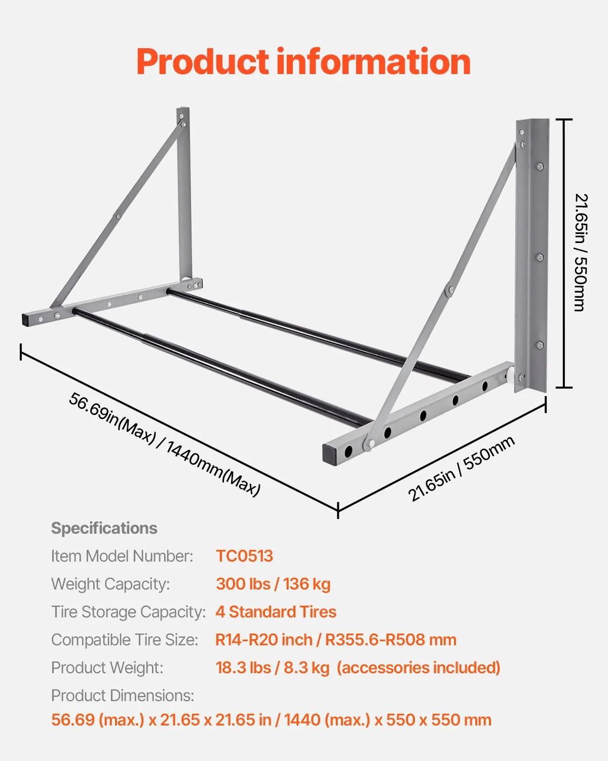 Wall Mounted Folding Tire Rack, 32" - 48" Adjustable Tire Rack, Q235 Heavy-Duty Steel Tire Storage Rack for R14-R20 inch Standard Tires, Max 300lbs Load Capacity for Garage Workshop Repair Shop - Image 7