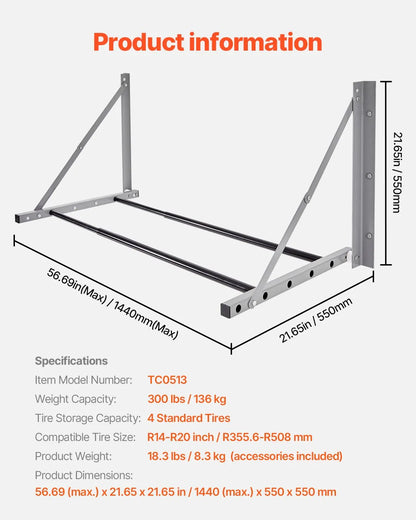 Wall Mounted Folding Tire Rack, 32" - 48" Adjustable Tire Rack, Q235 Heavy-Duty Steel Tire Storage Rack for R14-R20 inch Standard Tires, Max 300lbs Load Capacity for Garage Workshop Repair Shop - Image 7