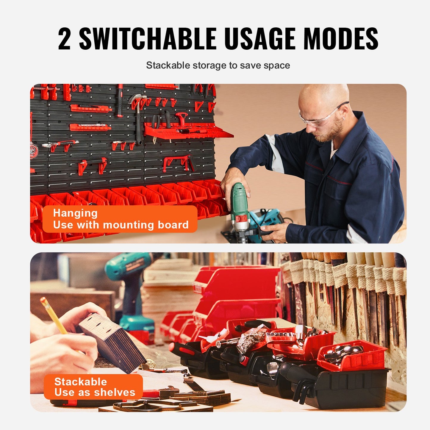 Wall Mounted Storage Bins, 30-Bin Parts Rack Organizer Garage Plastic Shop Tool with Wall Panels/Tool Holders/Hooks, Tool Organizer for Nuts, Bolts, Screws, Nails, Beads, Buttons, Black and Red - Image 3