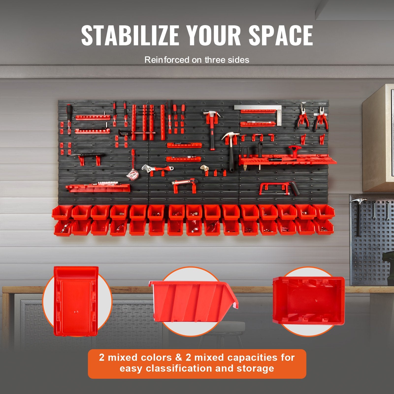 Wall Mounted Storage Bins, 30-Bin Parts Rack Organizer Garage Plastic Shop Tool with Wall Panels/Tool Holders/Hooks, Tool Organizer for Nuts, Bolts, Screws, Nails, Beads, Buttons, Black and Red - Image 4