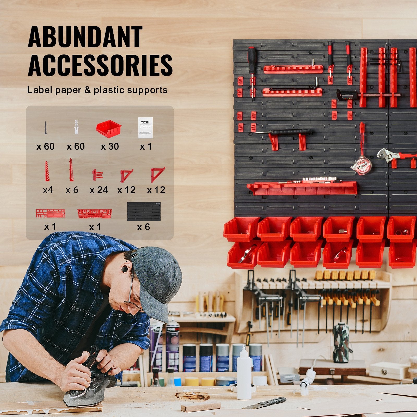 Wall Mounted Storage Bins, 30-Bin Parts Rack Organizer Garage Plastic Shop Tool with Wall Panels/Tool Holders/Hooks, Tool Organizer for Nuts, Bolts, Screws, Nails, Beads, Buttons, Black and Red - Image 5