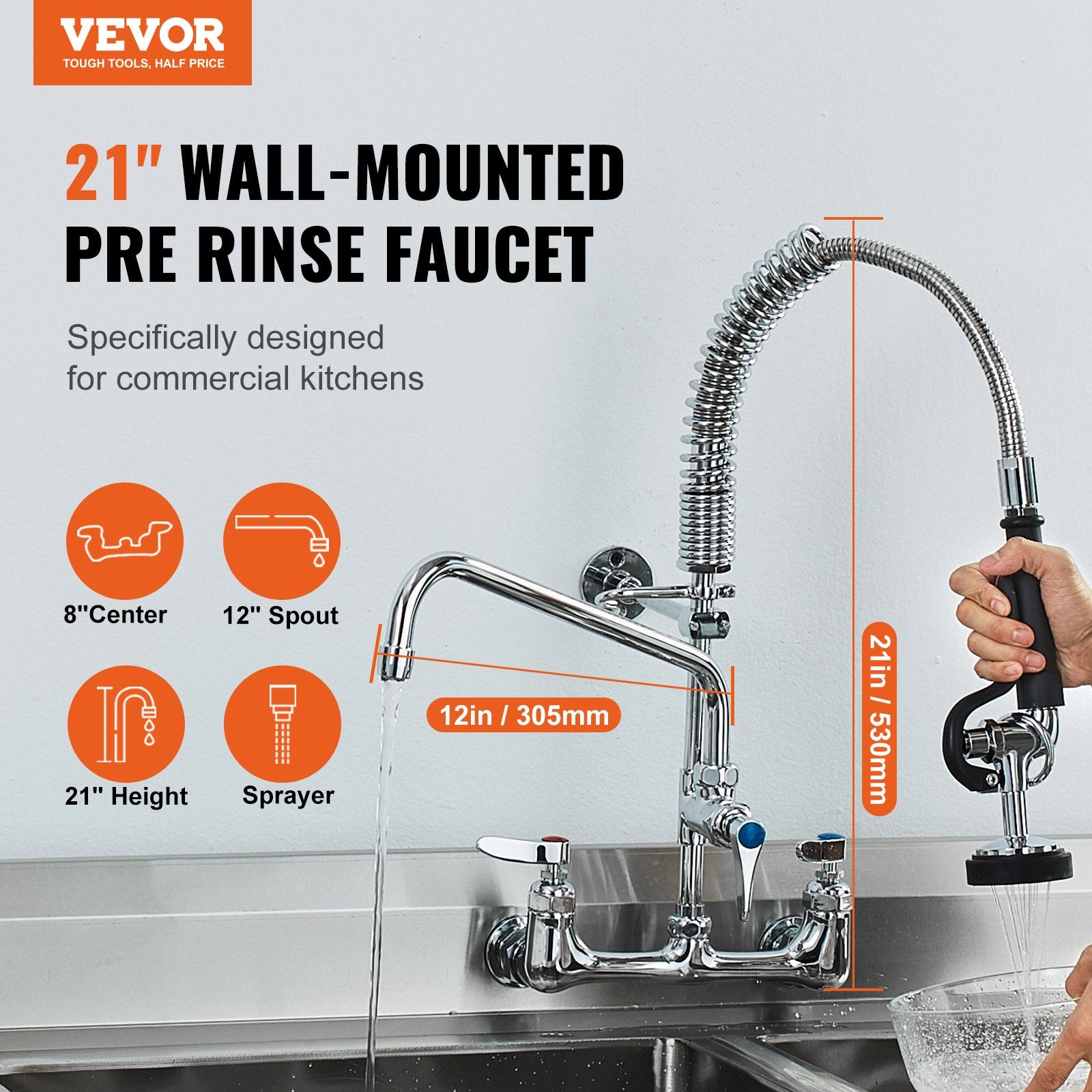 Commercial Faucet with Pre-Rinse Sprayer, 21" Height, 8" Center, 12" Swing Spout, Wall Mount Kitchen Sink Faucet, Brass Constructed Device with Pull Down Spray, for 1/2/3 Compartment Sink - Image 2
