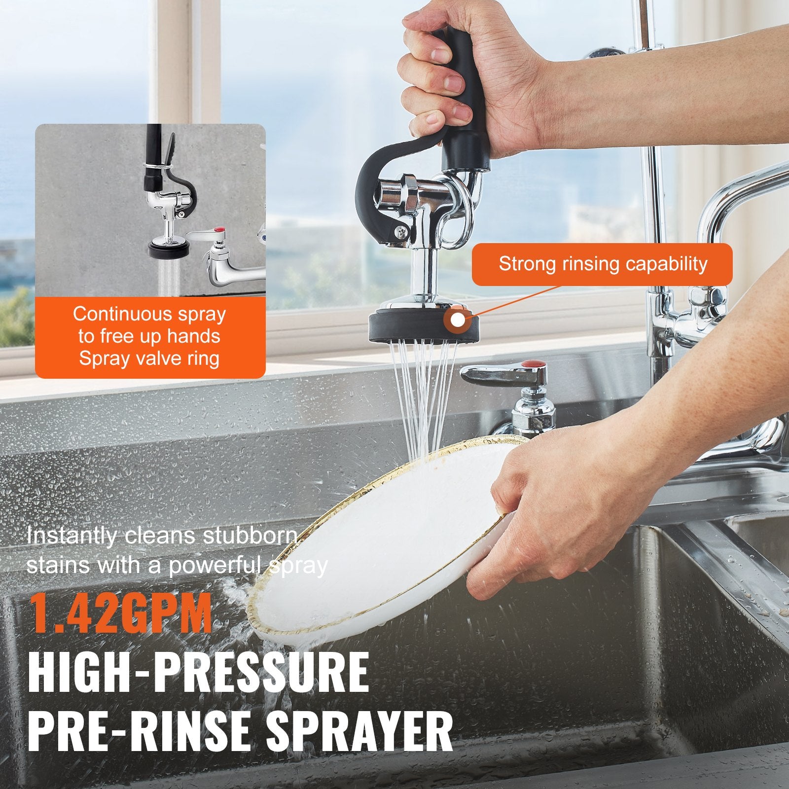 Commercial Faucet with Pre-Rinse Sprayer, 21" Height, 8" Center, 12" Swing Spout, Wall Mount Kitchen Sink Faucet, Brass Constructed Device with Pull Down Spray, for 1/2/3 Compartment Sink - Image 4