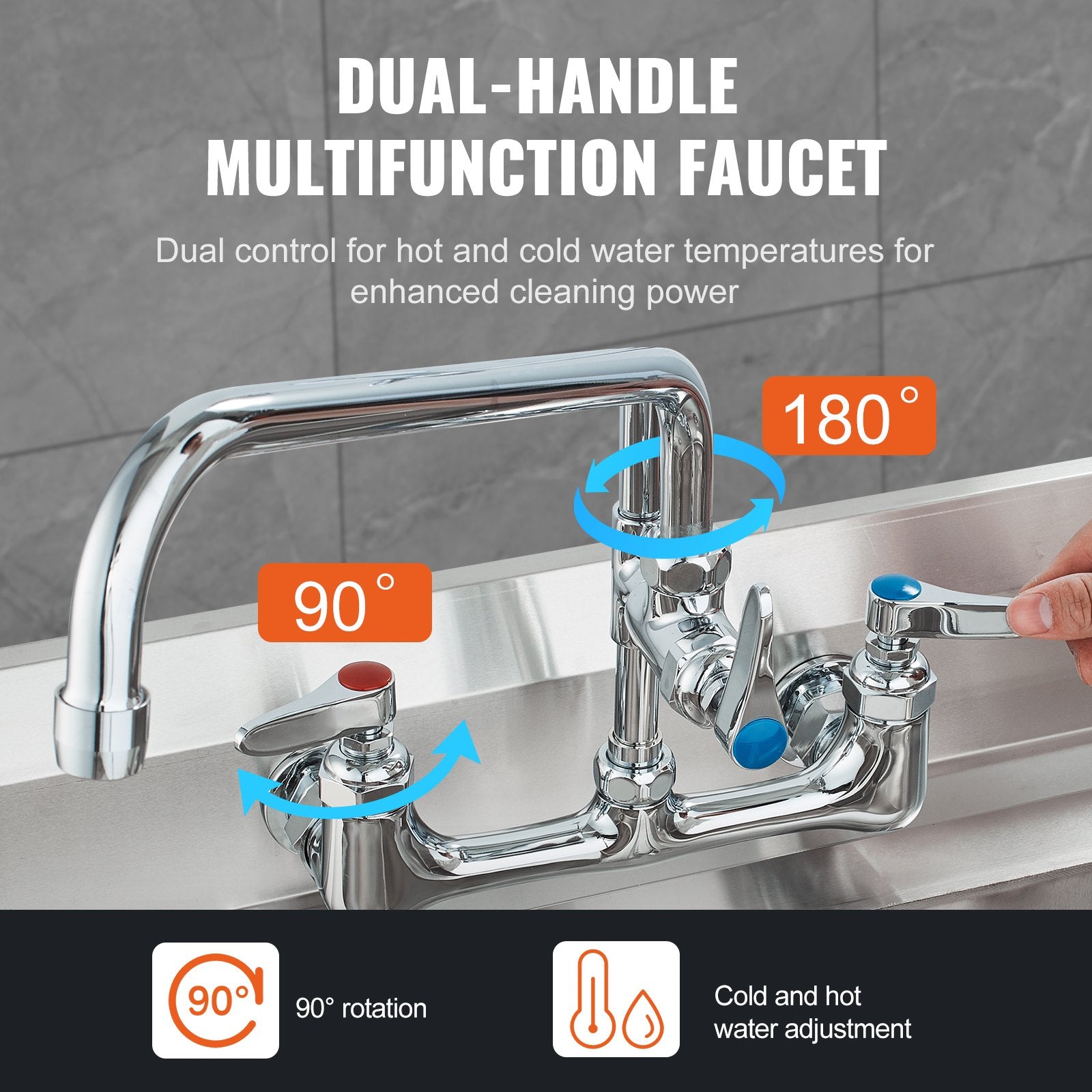 Commercial Faucet with Pre-Rinse Sprayer, 21" Height, 8" Center, 12" Swing Spout, Wall Mount Kitchen Sink Faucet, Brass Constructed Device with Pull Down Spray, for 1/2/3 Compartment Sink - Image 5
