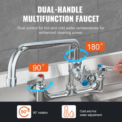 Commercial Faucet with Pre-Rinse Sprayer, 21" Height, 8" Center, 12" Swing Spout, Wall Mount Kitchen Sink Faucet, Brass Constructed Device with Pull Down Spray, for 1/2/3 Compartment Sink - Image 5