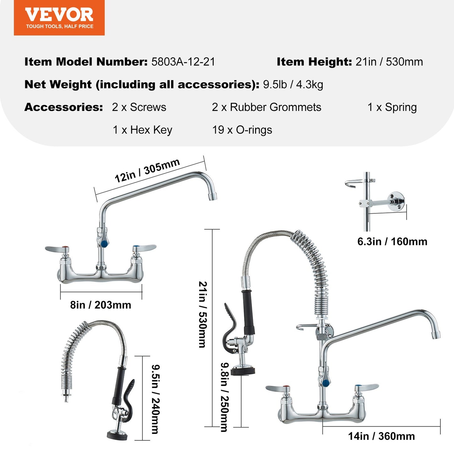 Commercial Faucet with Pre-Rinse Sprayer, 21" Height, 8" Center, 12" Swing Spout, Wall Mount Kitchen Sink Faucet, Brass Constructed Device with Pull Down Spray, for 1/2/3 Compartment Sink - Image 7