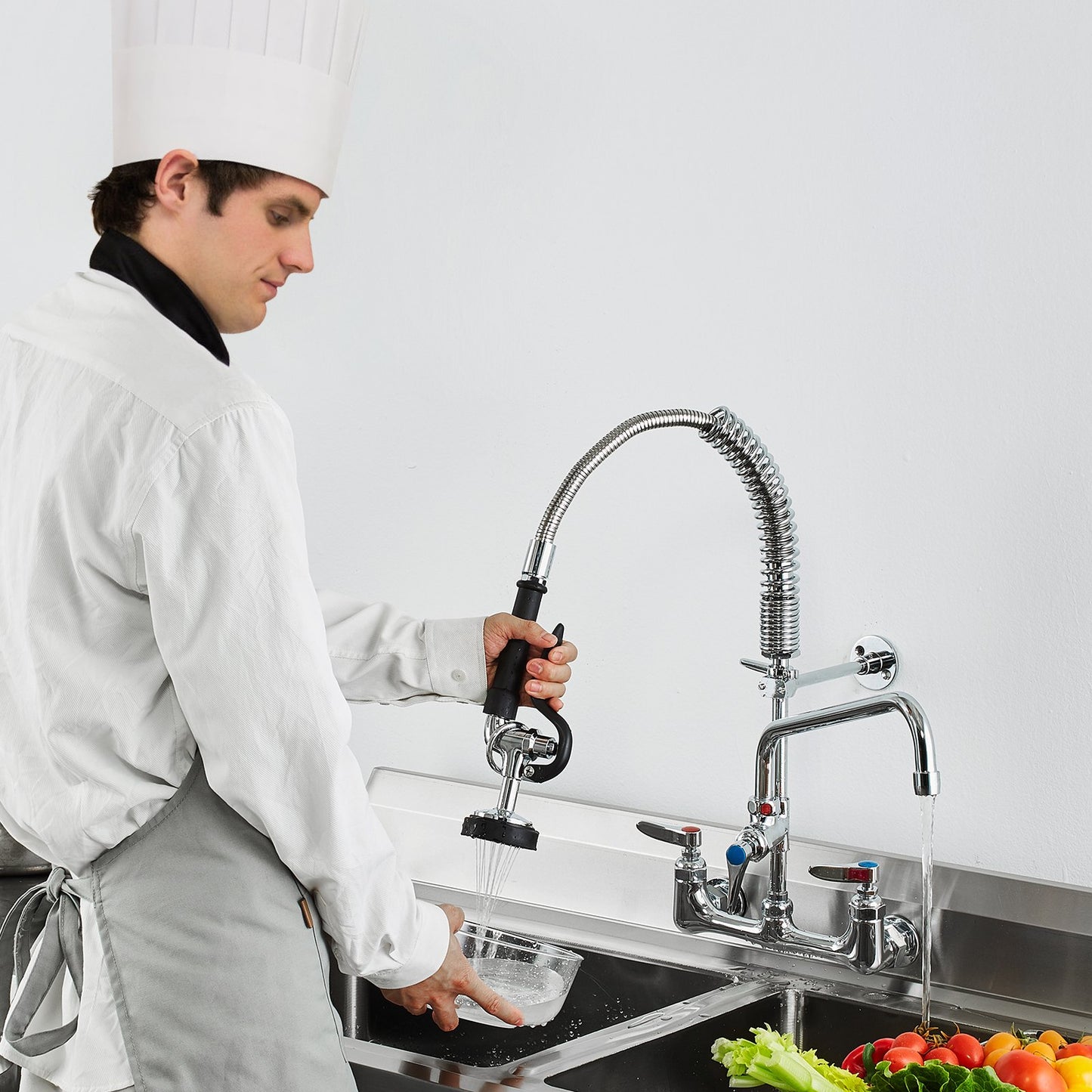 Commercial Faucet with Pre-Rinse Sprayer, 21" Height, 8" Center, 12" Swing Spout, Wall Mount Kitchen Sink Faucet, Brass Constructed Device with Pull Down Spray, for 1/2/3 Compartment Sink - Image 8