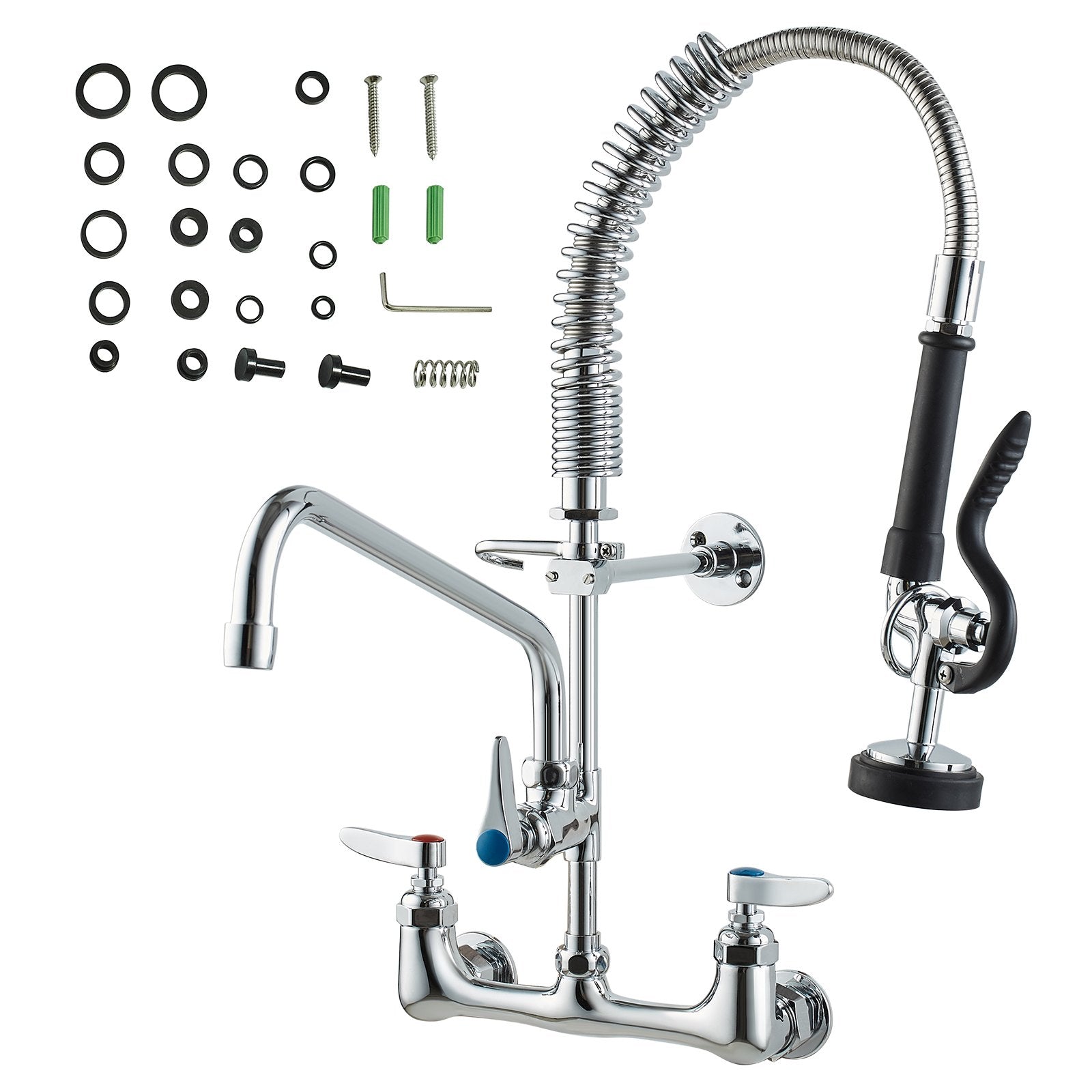 Commercial Faucet with Pre-Rinse Sprayer, 21" Height, 8" Center, 12" Swing Spout, Wall Mount Kitchen Sink Faucet, Brass Constructed Device with Pull Down Spray, for 1/2/3 Compartment Sink - Image 9