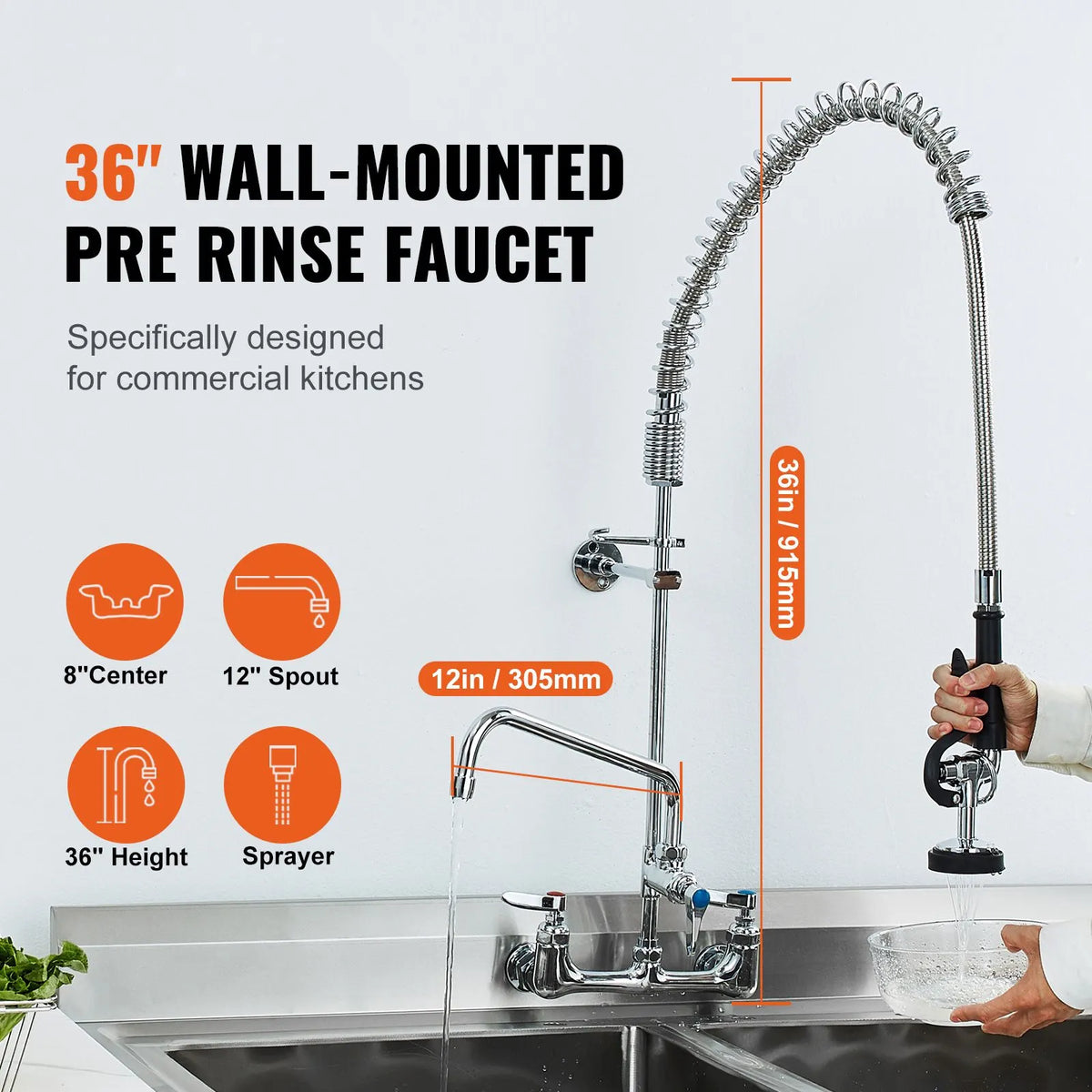 Commercial Faucet with Pre-Rinse Sprayer, 36" Height, 8" Center, 12" Swing Spout, Wall Mount Kitchen Sink Faucet, Brass Constructed Device with Pull Down Spray, for 1/2/3 Compartment Sink - Image 2