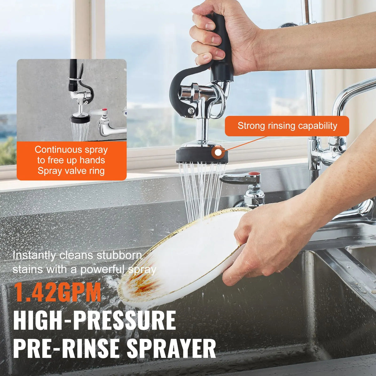 Commercial Faucet with Pre-Rinse Sprayer, 36" Height, 8" Center, 12" Swing Spout, Wall Mount Kitchen Sink Faucet, Brass Constructed Device with Pull Down Spray, for 1/2/3 Compartment Sink - Image 4