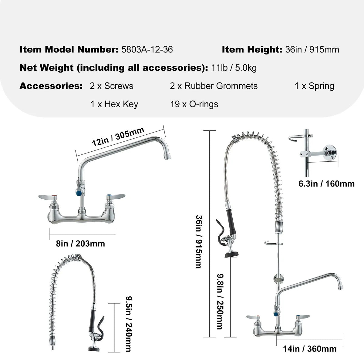 Commercial Faucet with Pre-Rinse Sprayer, 36" Height, 8" Center, 12" Swing Spout, Wall Mount Kitchen Sink Faucet, Brass Constructed Device with Pull Down Spray, for 1/2/3 Compartment Sink - Image 7