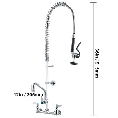 Commercial Faucet with Pre-Rinse Sprayer, 36" Height, 8" Center, 12" Swing Spout, Wall Mount Kitchen Sink Faucet, Brass Constructed Device with Pull Down Spray, for 1/2/3 Compartment Sink - Image 8
