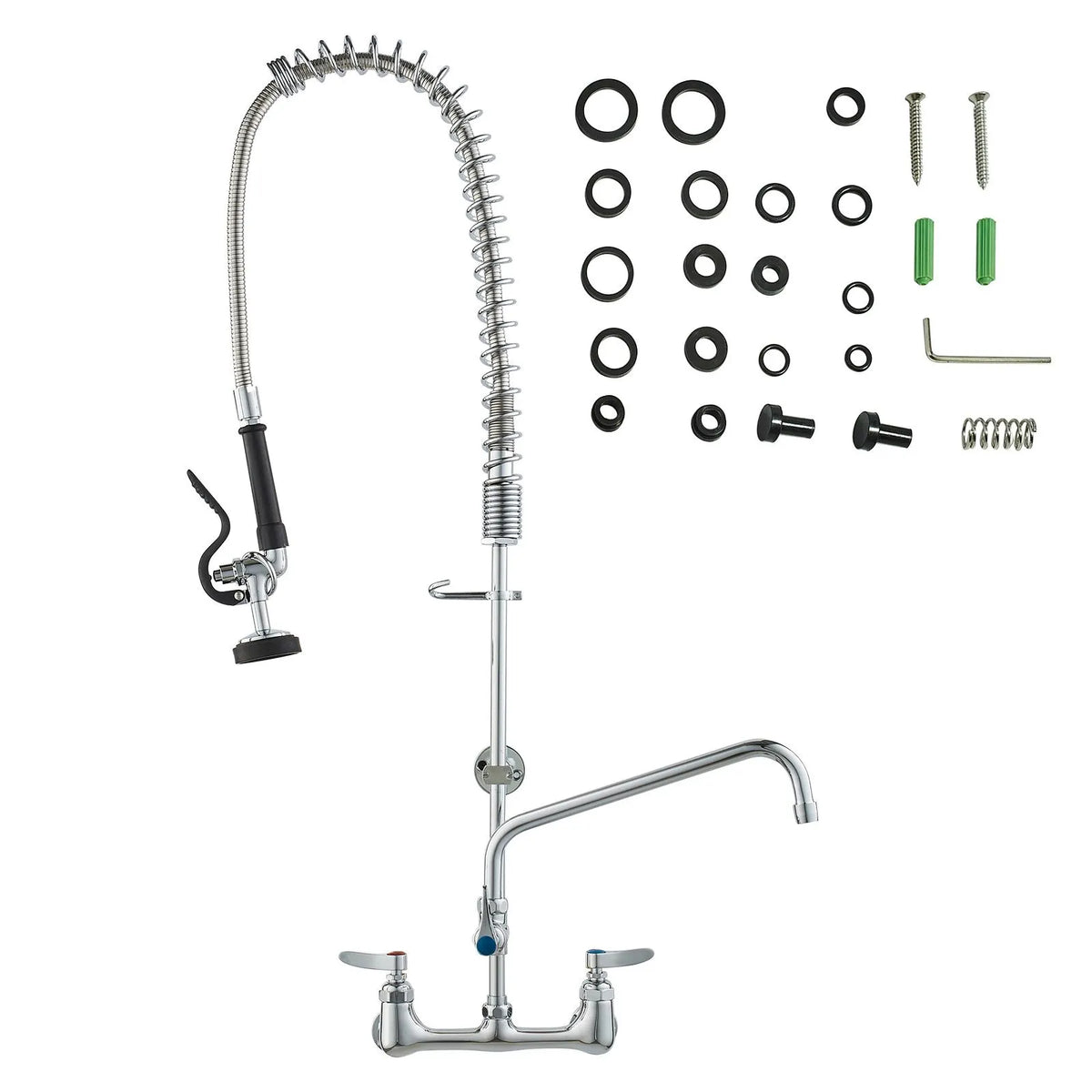 Commercial Faucet with Pre-Rinse Sprayer, 36" Height, 8" Center, 12" Swing Spout, Wall Mount Kitchen Sink Faucet, Brass Constructed Device with Pull Down Spray, for 1/2/3 Compartment Sink - Image 9