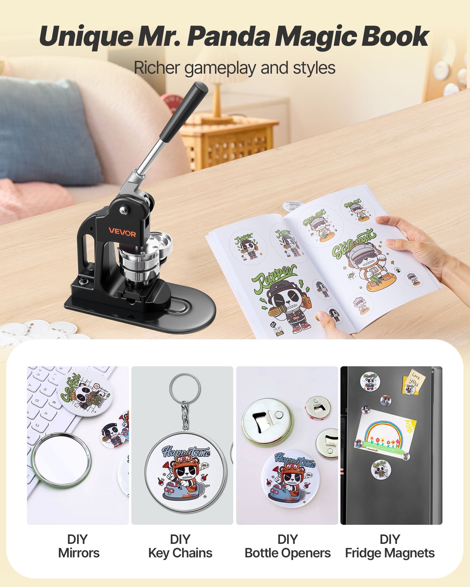 Button Maker Machine, 58 mm, Pin Maker Machine with 500pcs Button Parts, Circle Cutter, Hex Wrenches and Magic Book, Ergonomic Handle, for DIY Badges, Personalized Pins and Key Chains, Black - Image 5