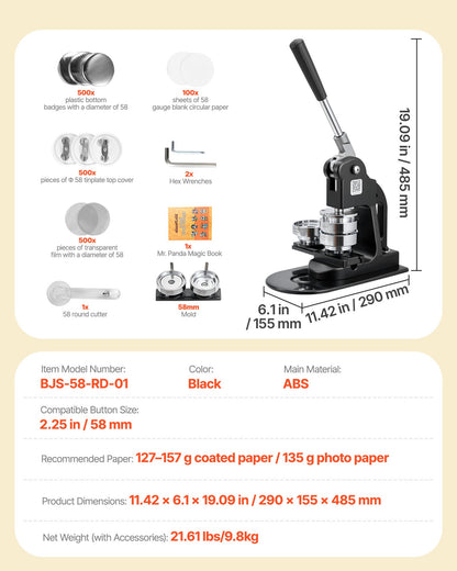 Button Maker Machine, 58 mm, Pin Maker Machine with 500pcs Button Parts, Circle Cutter, Hex Wrenches and Magic Book, Ergonomic Handle, for DIY Badges, Personalized Pins and Key Chains, Black - Image 7