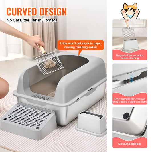 Cat Litter Box, 152 mm Deep, XL Extra Large Stainless Steel Cat Litter Box with Scoop, Wide Filtering Foot Board & High Sides, Enclosed Odor-Free Easy-to-Clean Litter Box, Fit for Big Cats - Image 3