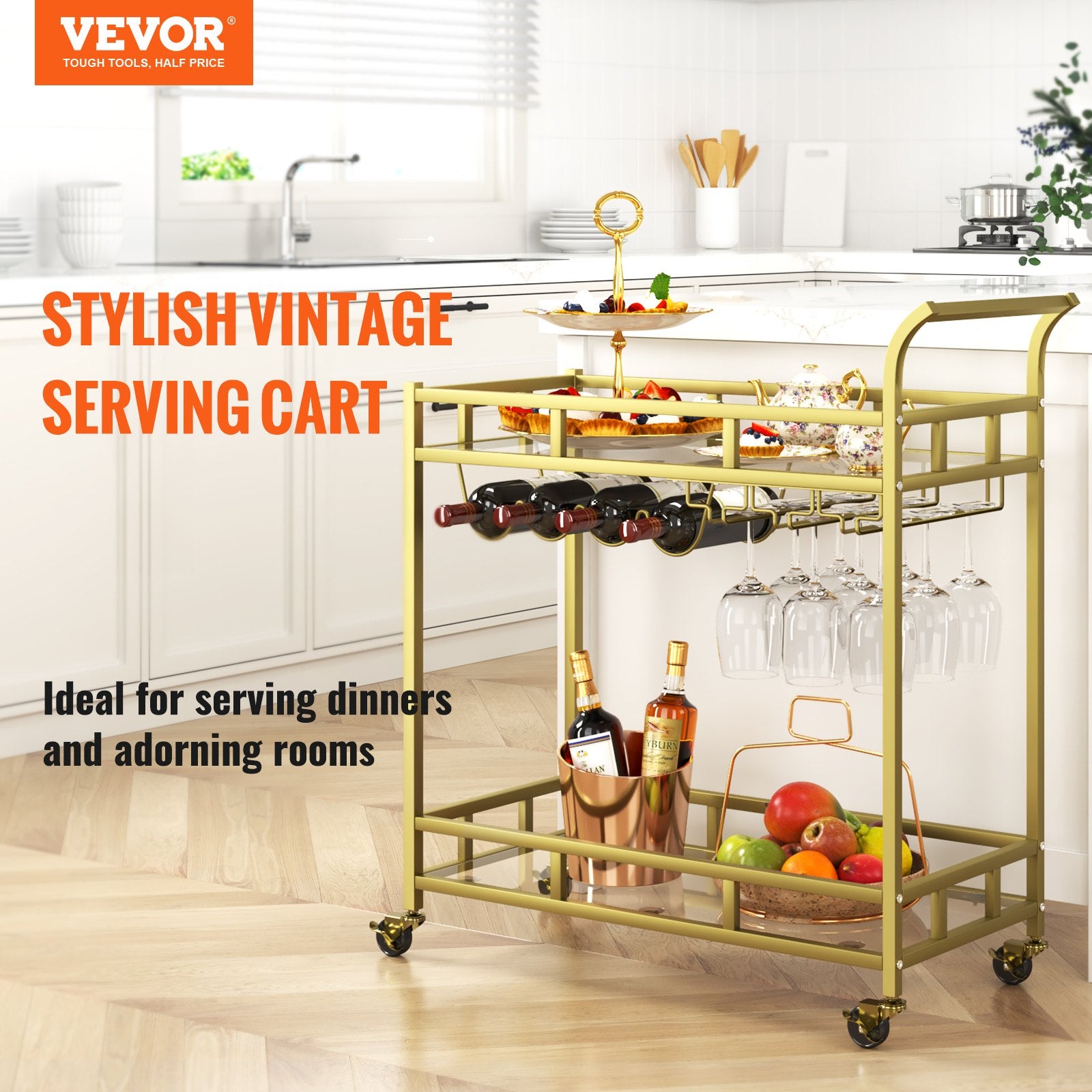 2 Tiers Gold Metal Bar Serving Cart with Wine Rack Glass Holder 120 LBS - Image 2
