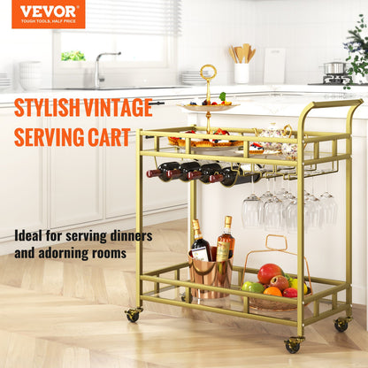 2 Tiers Gold Metal Bar Serving Cart with Wine Rack Glass Holder 120 LBS - Image 2