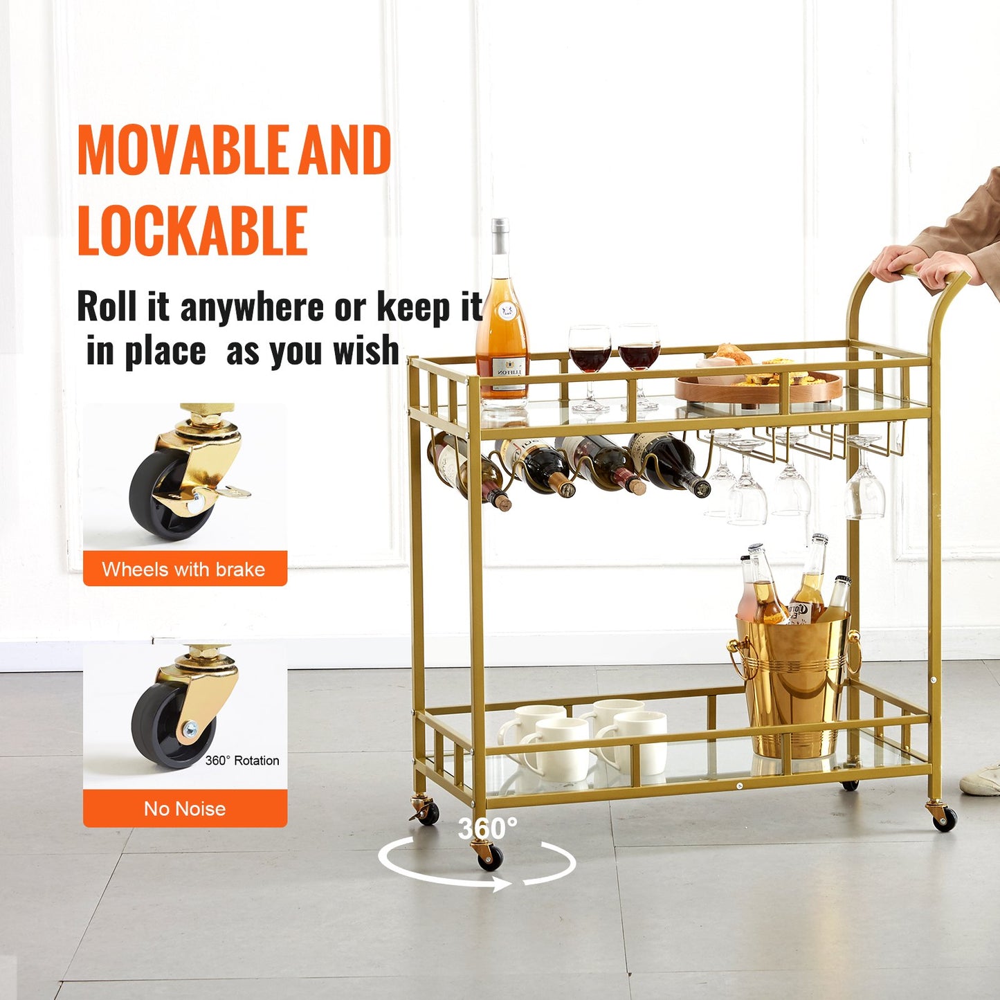 2 Tiers Gold Metal Bar Serving Cart with Wine Rack Glass Holder 120 LBS - Image 4